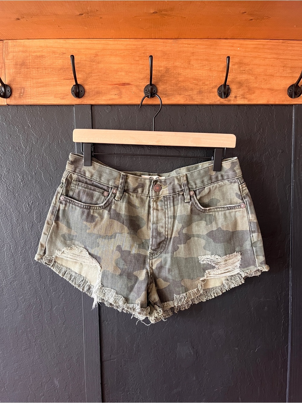 Free People We the Free Camouflage Button Fly Cutoff Shorts